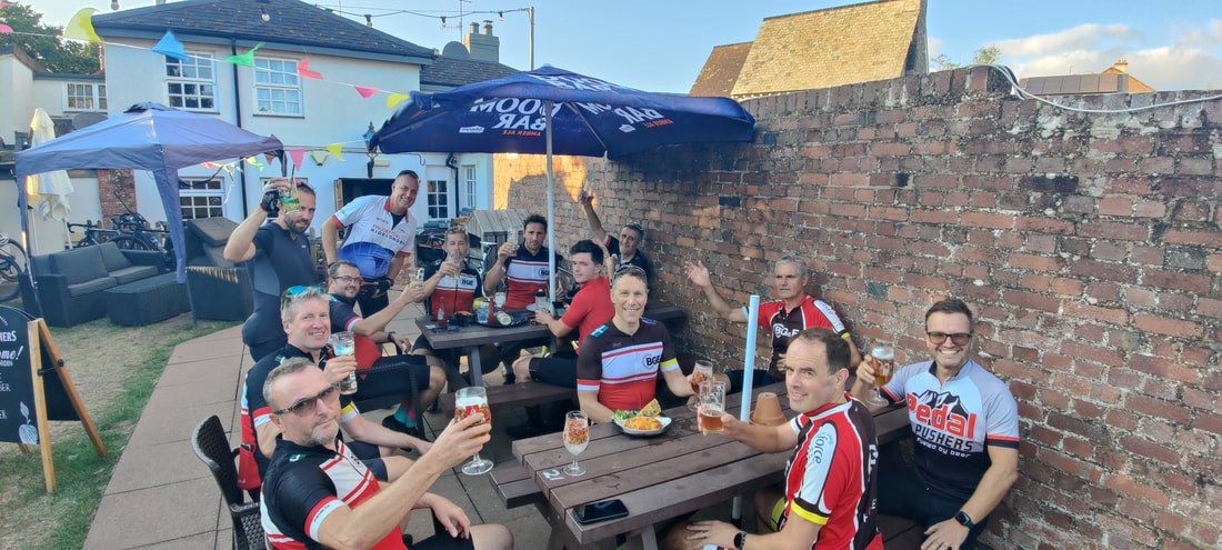 Riders gathered outside a Devon pub after Thursday Rides